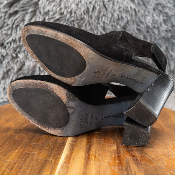 Eileen Fisher Slingback Heels Round Toe Black Suede Block Size 6 - Picture 8 of 8